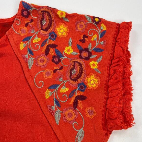 Umgee Fiesta Linen Blend Orange Floral Embroidered Swing Shirt Oversized Size S - Picture 7 of 12